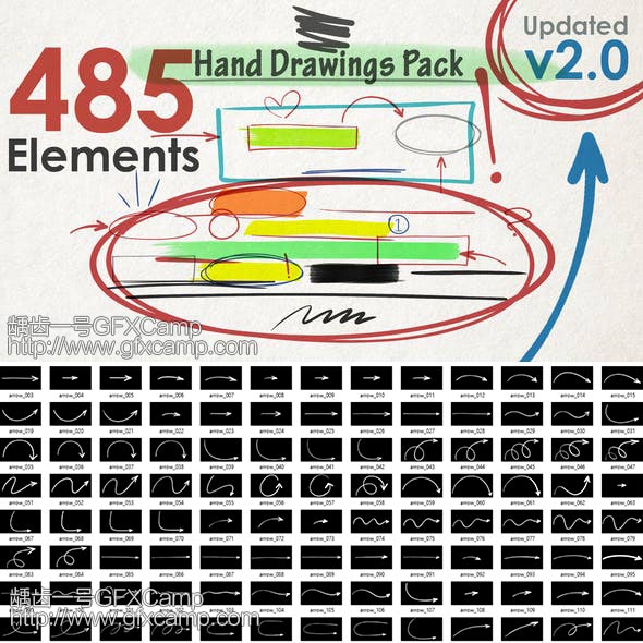 Ae模板 485个手绘粉笔箭头路径圆圈数字图形动画 带通道视频素材 龋齿一号gfxcamp